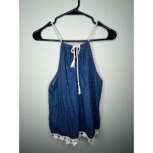 Derek Heart Blue Boho Lace Trim Halter Top - Size Small - Festival Peasant Style